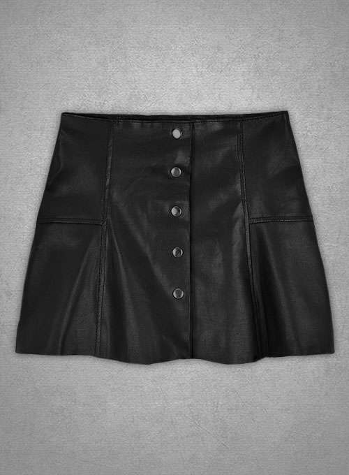 Black Flared Leather Mini Skirt with Front Snap Buttons